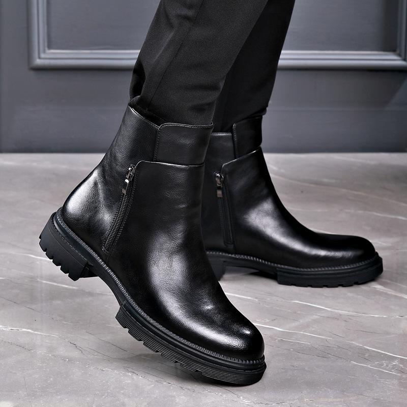 Men's Winter Leather Chelsea Boots with Soft Cowhide, Side Zipper, and Velvet Lining