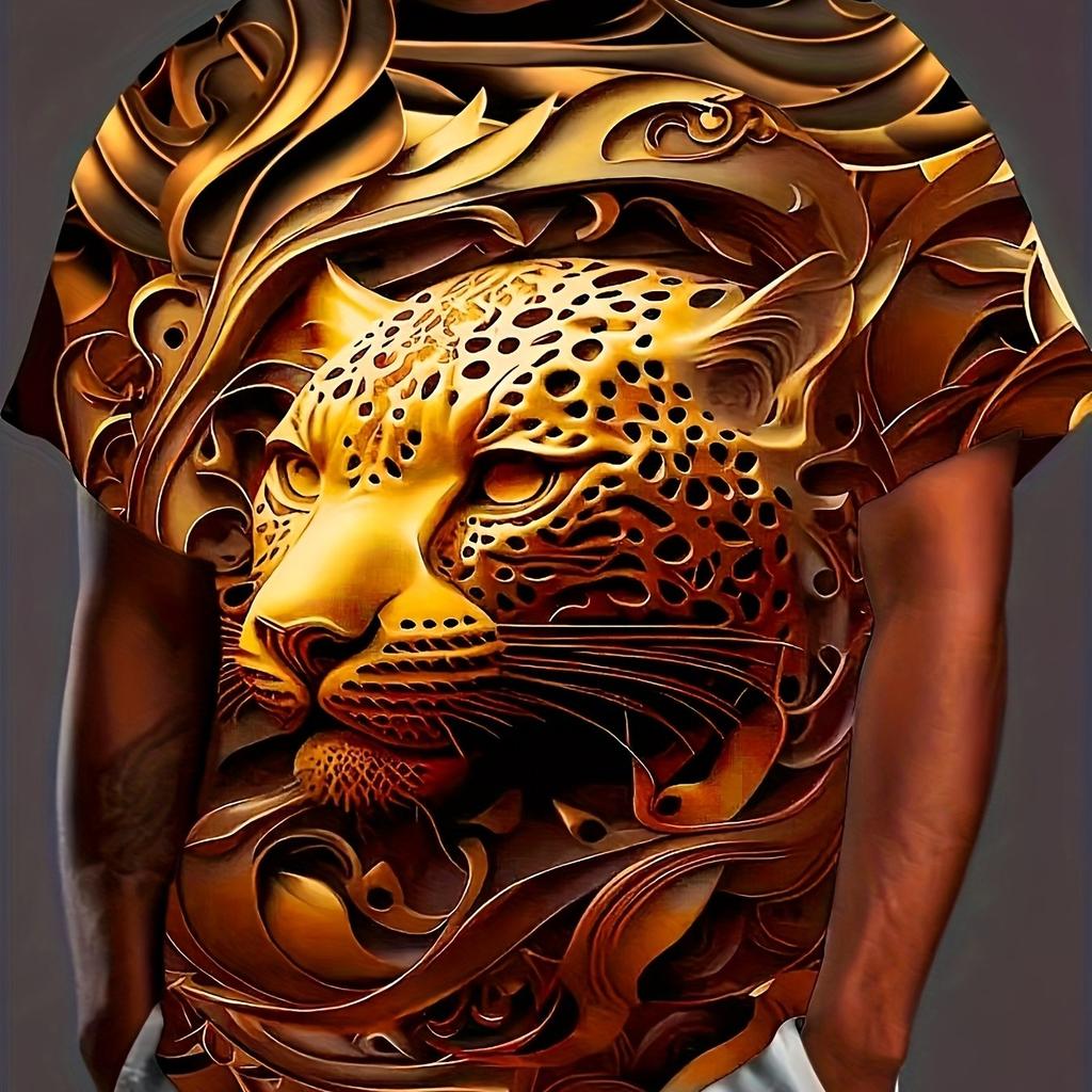 Men's 3D Embossed Lion Head Print T-Shirt Metallic Texture Wild Animal Luxury Crew Neck Top