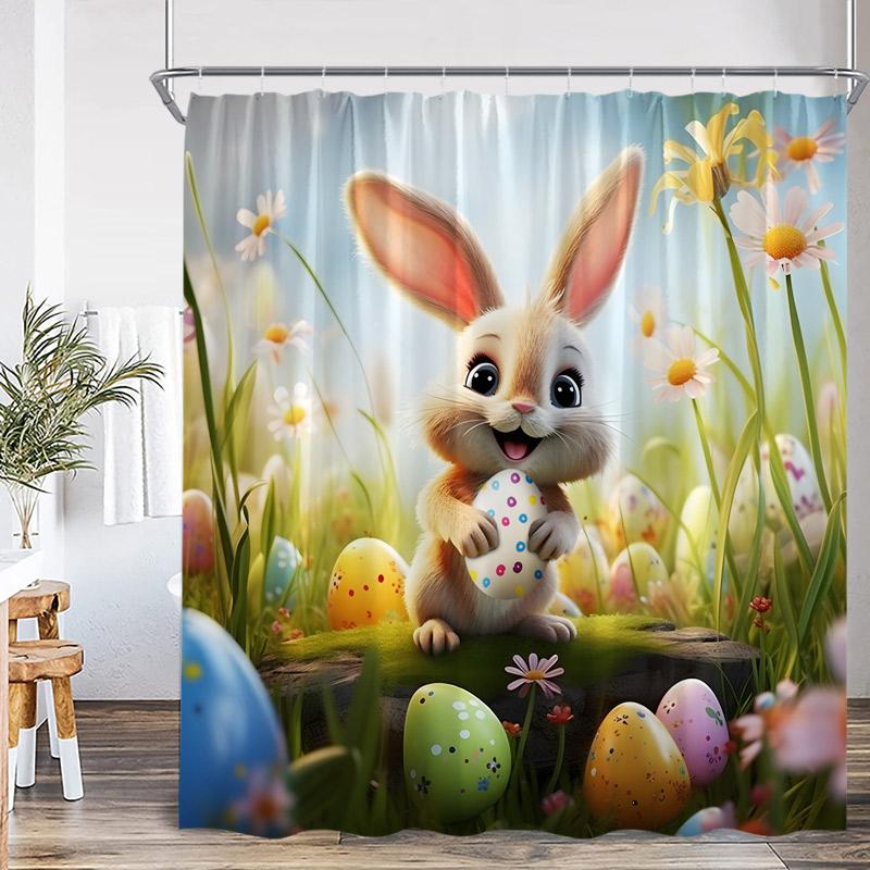 

Funny Easter Shower Curtains Cute Bunny Pink Farm Truck Dogs Watercolour Floral Rabbit Eggs Bathroom Curtain Decor With Hooks W60H190(CM)-1 Pcs