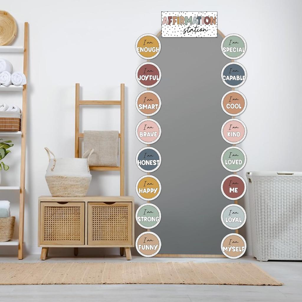 Boho Affirmation Station Bulletin Board Set Rainbow Positive Affirmations Bulletin Board Decorations for Classroom Mirror Wall Bulletin Board