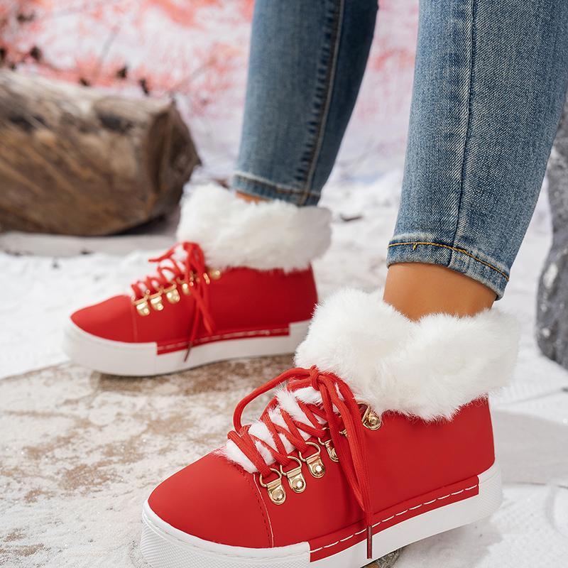 Women's Boots Christmas Fashion Lace Up Fuzzy Detail Lined Ankle Boots Casual Daily Round Toe Flat Boots