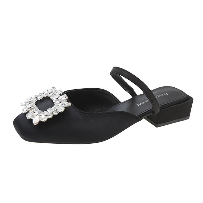 Baotou Half Slippers Women's Summer Wear Silver Rhinestone Sandals 3 Cm Small Heel Thick Heel Square Head Mueller French Sandals