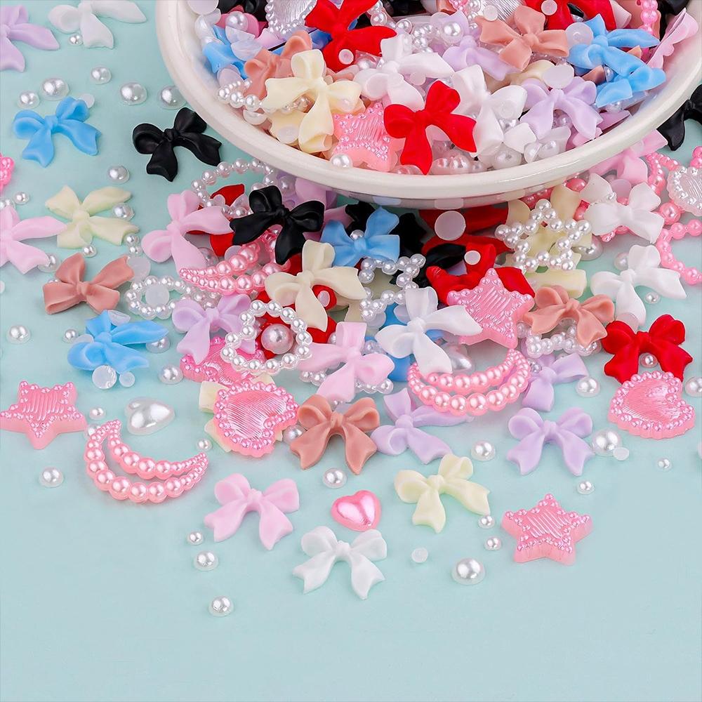 500pcs Bowknot Moon Love Heart Nail Art Ornaments Half Round Artificial Pearl Set for Nail Art DIY Decoration