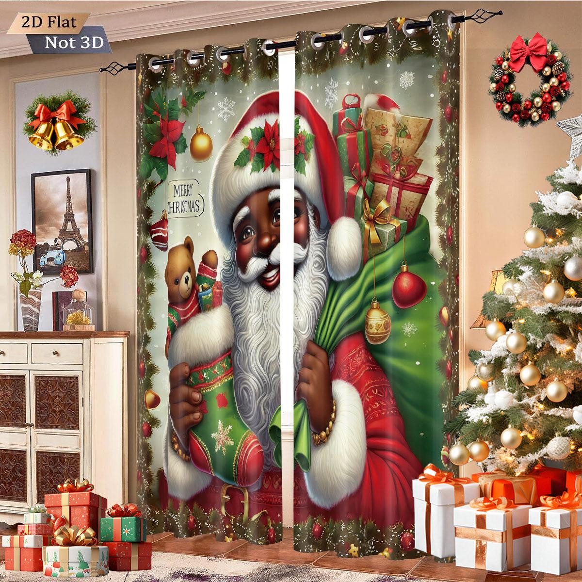

2Pcs Christmas Cartoon Santa Claus Print Blackout Curtains Insulation Multiple Sizes Living Room Decoration Machine Washable 140x160&Grommet Top