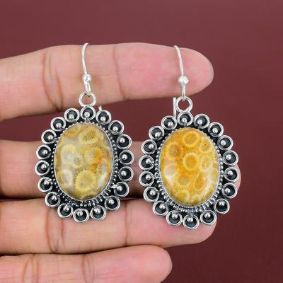 Fossil Coral Earring Handmade Drop Earrings Top Quality Gemstone Jewelry 925 Sterling Silver Earring Latest Design Jewelry Anniversary Gifts