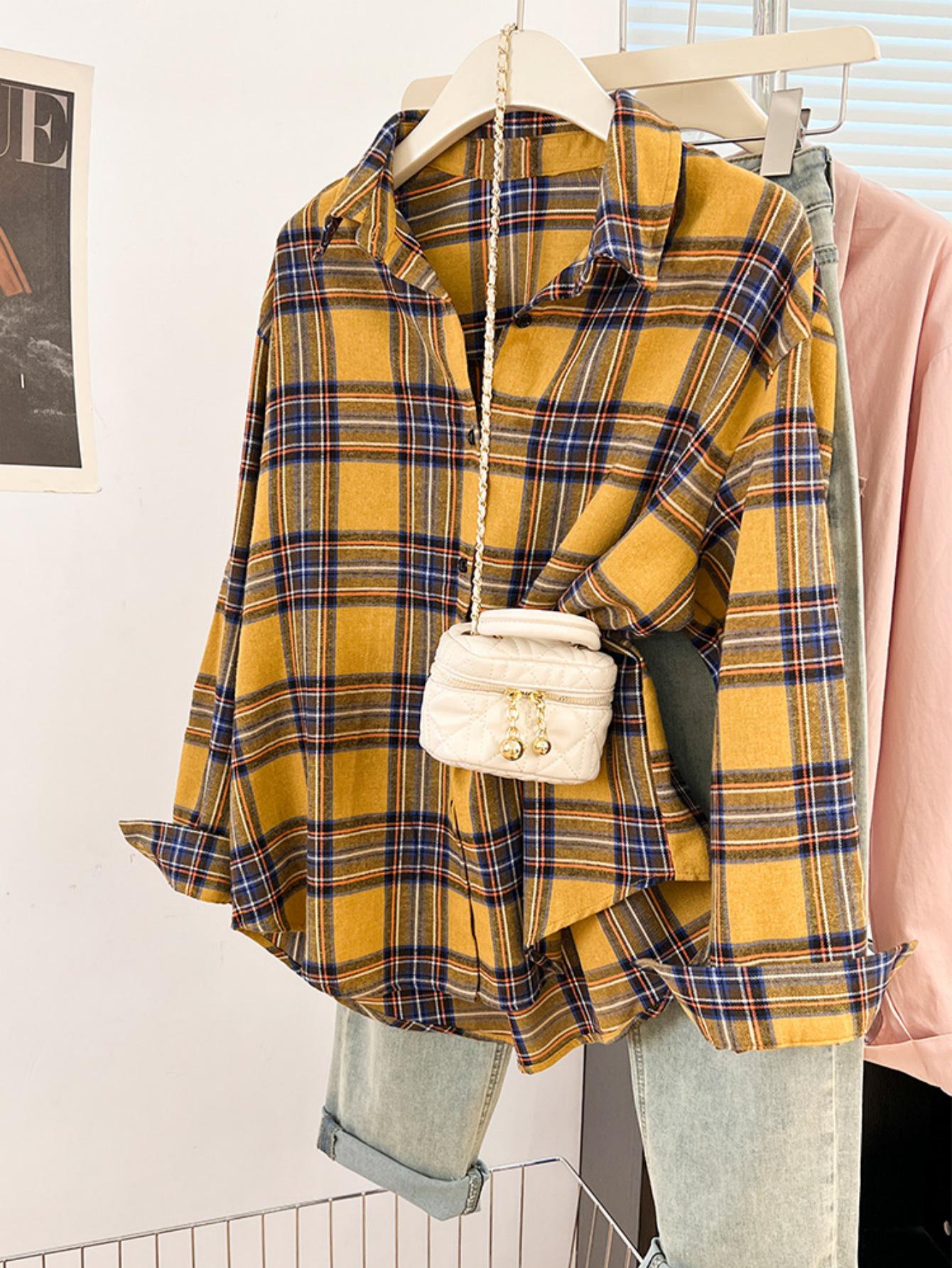 

Women s Retro Plaid Shirt: Yellow & Blue, Lazy Style, Slimming Fit, Long Sleeve Blouse with Fashionable Plush Bag. XL