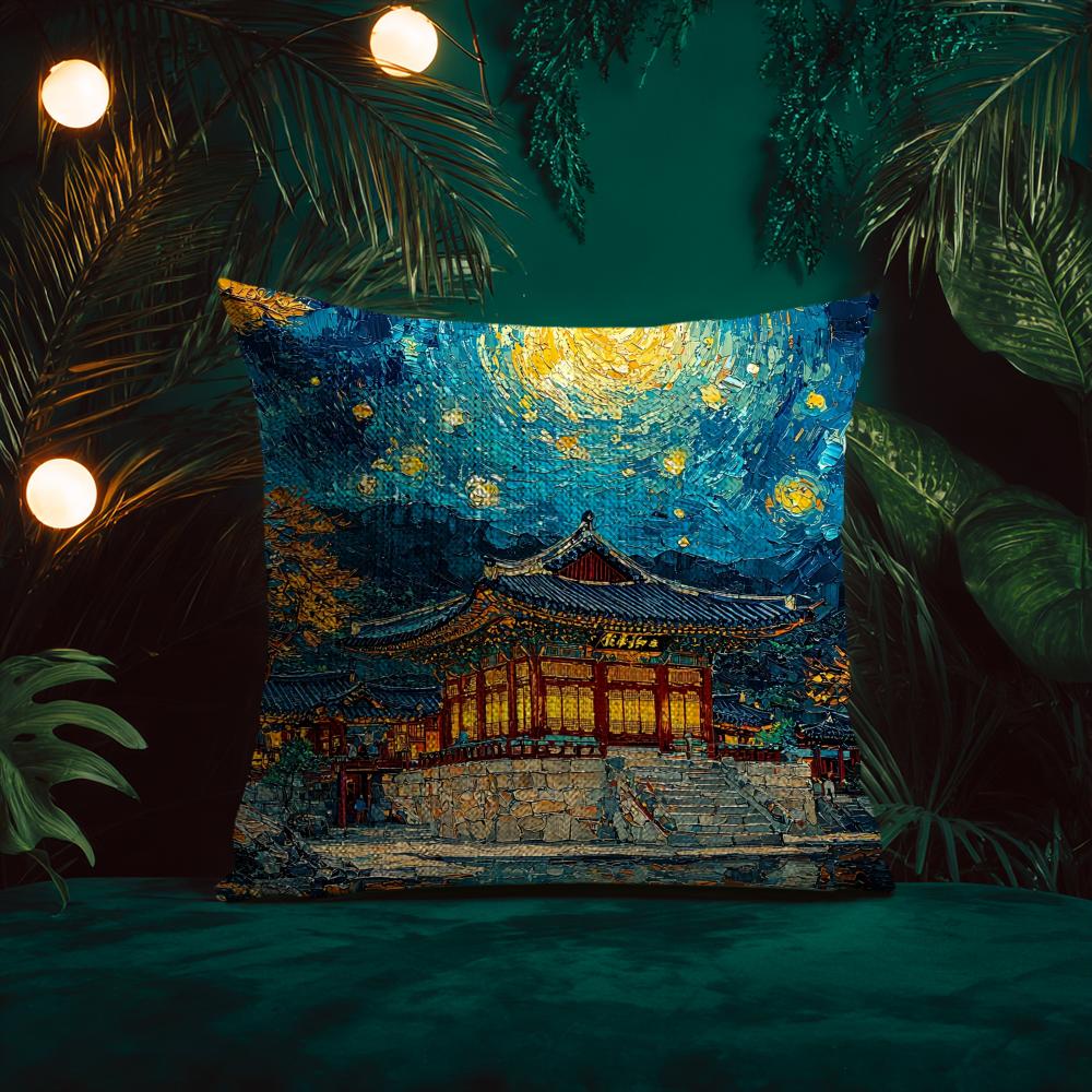

Oil Painting Culture Style Buddhist Temple Cushion Cover Silky elegant Comfort Sofa Bed Invisible zipper Beach pillowcase 30X30cm