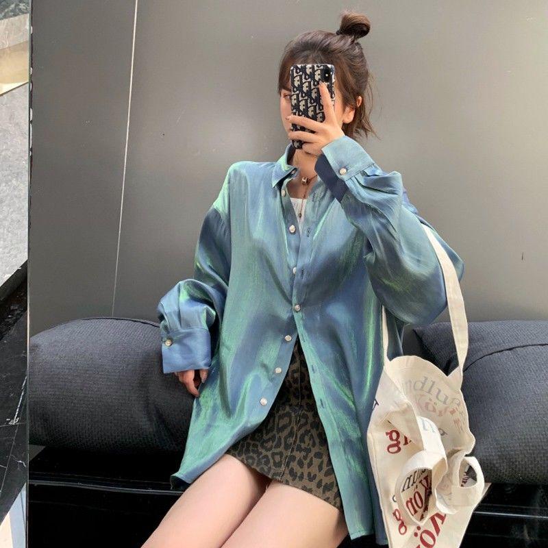 Blusa lisa, camisa de gasa de sirena brillante, Tops sencillos holgados de manga larga para primavera y verano para mujer