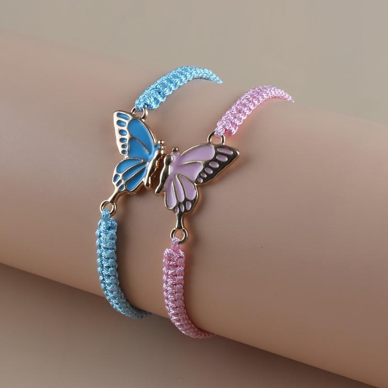 A Set of Two Bohemian Handmade Woven Bracelets Featuring a Charming Oil-Drop Butterfly Design, Perfect As Lucky Jewelry for Couples