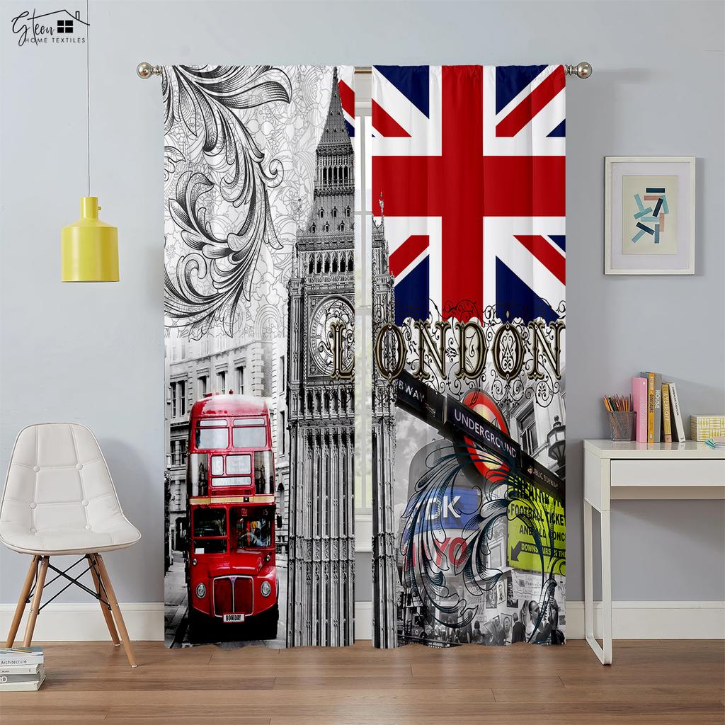 Black And White City Building 3D Printing Curtain Street View Building Red Bus Telephone Booth Simple Modern Decorative Curtain