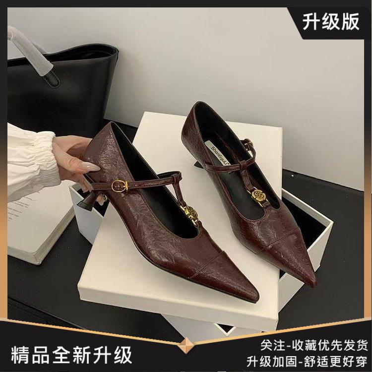 French Low-heeled Pointed Single Shoes for Women's 2025 Spring New Soft Leather Flats with One-word Strap Skirt Mary Jane