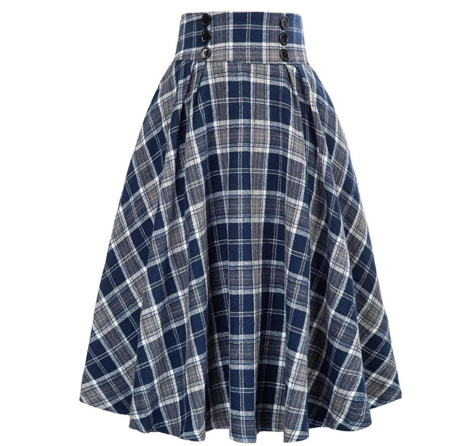 Falda Versátil de Talla Grande Vintage Artística a Cuadros Cepillados Línea A Media Pierna