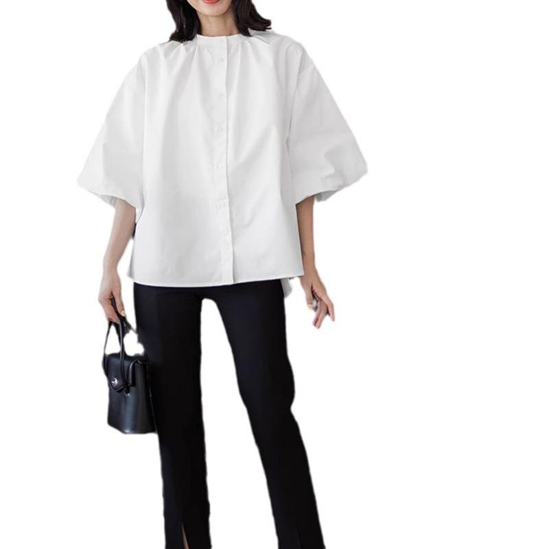 Summer Simple Loose Slim Half High Neck Three-quarter Sleeve Solid Color Pullover Chiffon Shirt Shirt Top for Women