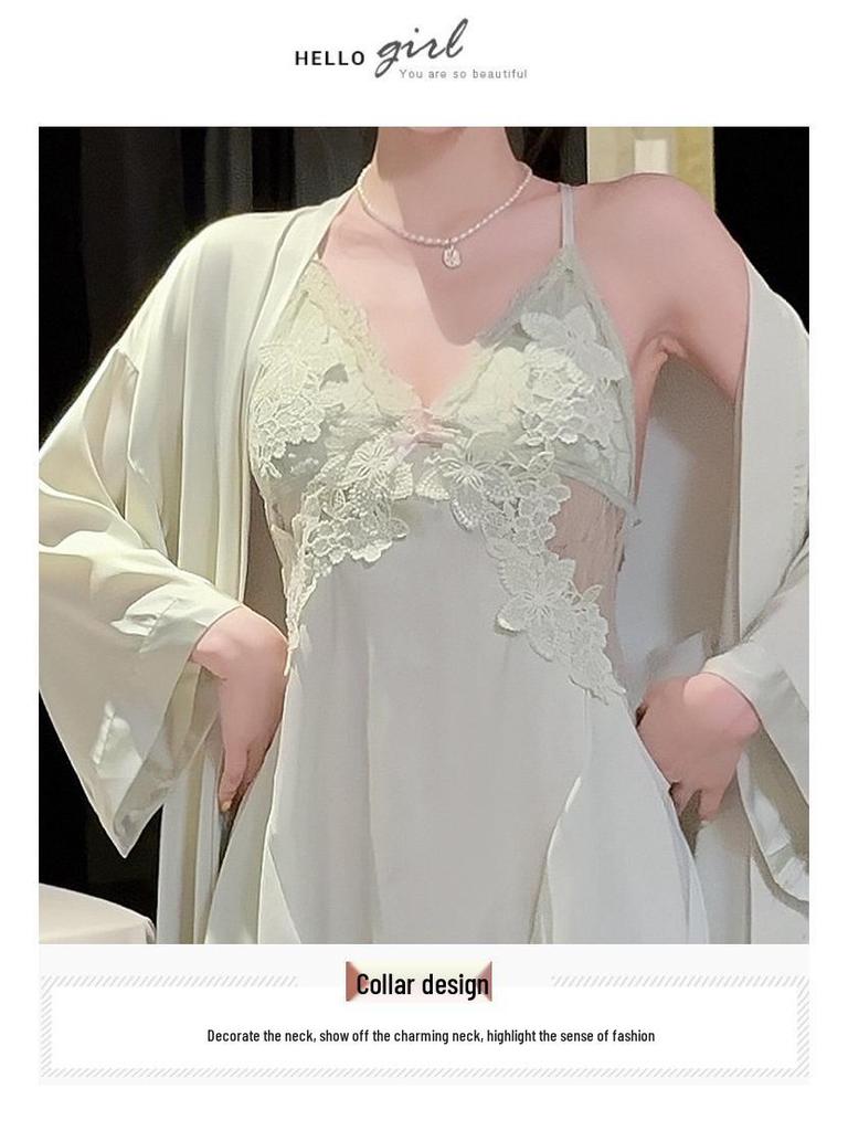 Women's Ice Silk Lace Trim Camisole Nightgown Two-Piece Set with Breast Pads for Spring & Autumn