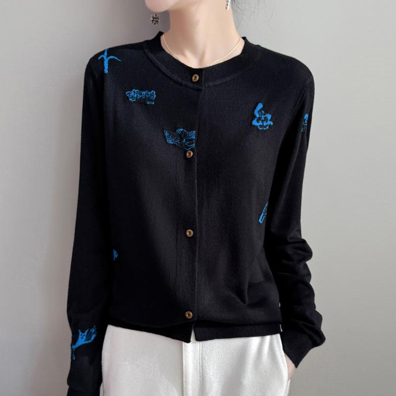 Nový jarní pletený kardigan s kulatým výstřihem a výšivkou, volný a všestranný design