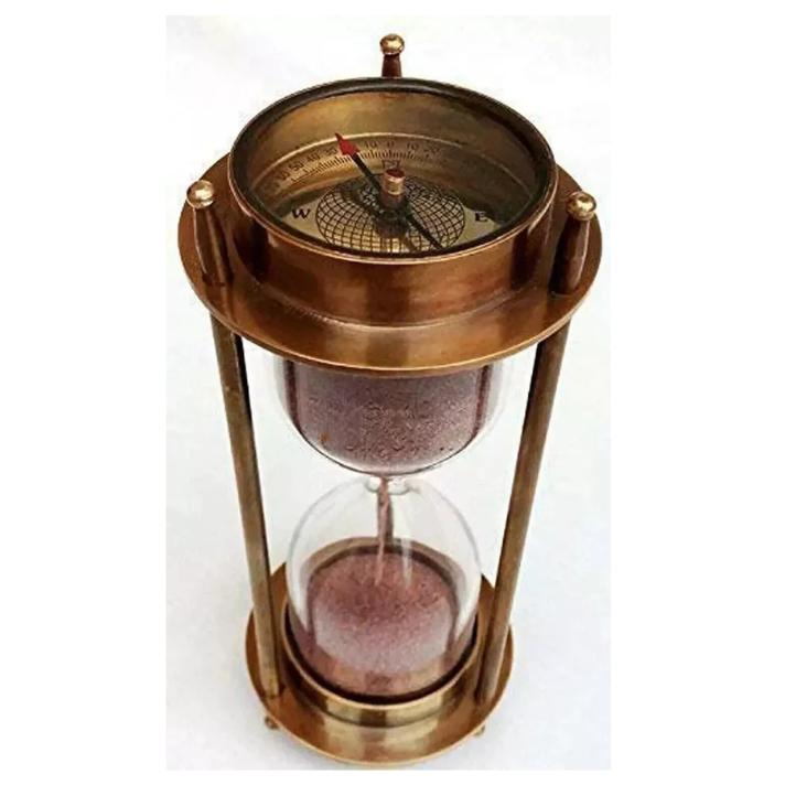 Vintage Nautical Hourglass with Compass - Brass Finish Sand Timer Decorative