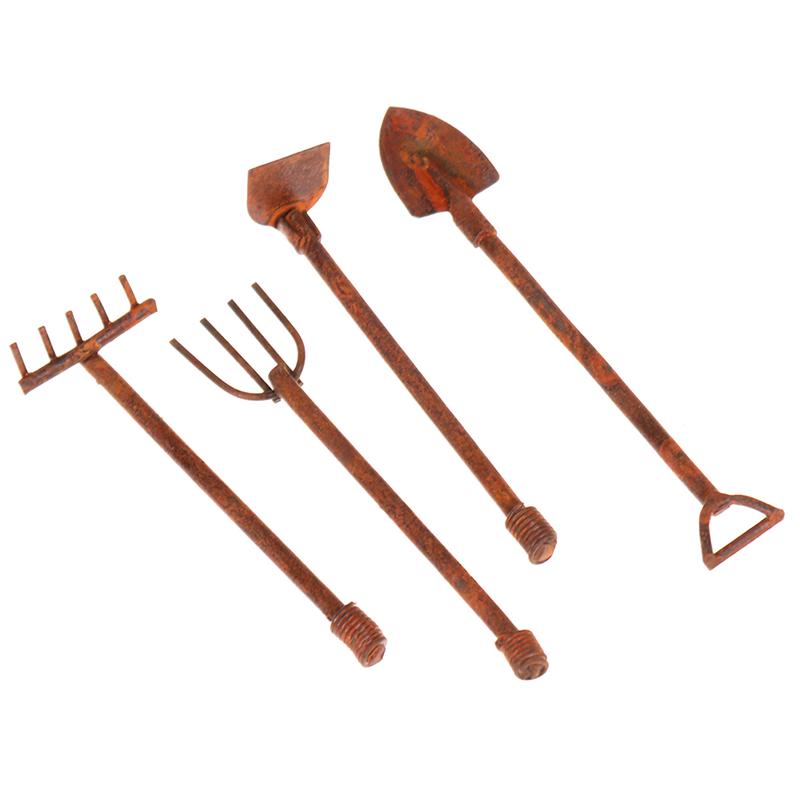 1:12 Dollhouse Miniature Gardening Tools Metal Shovels Pitchfork Furniture Set