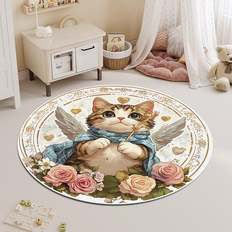 Round Carpet Bedroom Stain-resistant Cartoon Cat Bedside Children's Rug Floor Mat Living Room Washable Thickened Coffee Table Mat