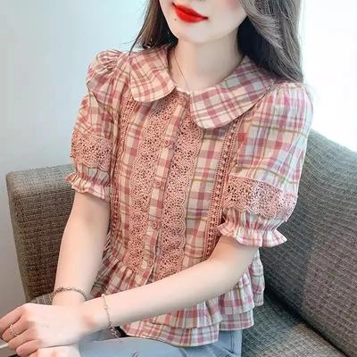 Sommer Damen Karierte Bluse Peter Pan Kragen Spitze Patchwork Puffärmel Rüschensaum Oberteil