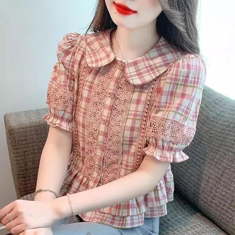 Summer Women’s Plaid Blouse Peter Pan Collar Lace Patchwork Puff Sleeve Ruffle Hem Top