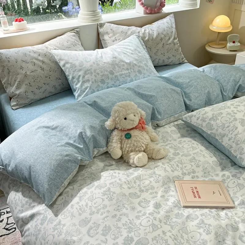 Pink Flowers Duvet Cover Set Ins Fashion Single Queen Size Girls Boys Flat Sheet Pillowcase No Filler Home Decor Bedding Set