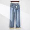 Women's Retro Light Blue Velvet Wide-Leg Jeans: Winter High-Waisted Straight-Leg Pants