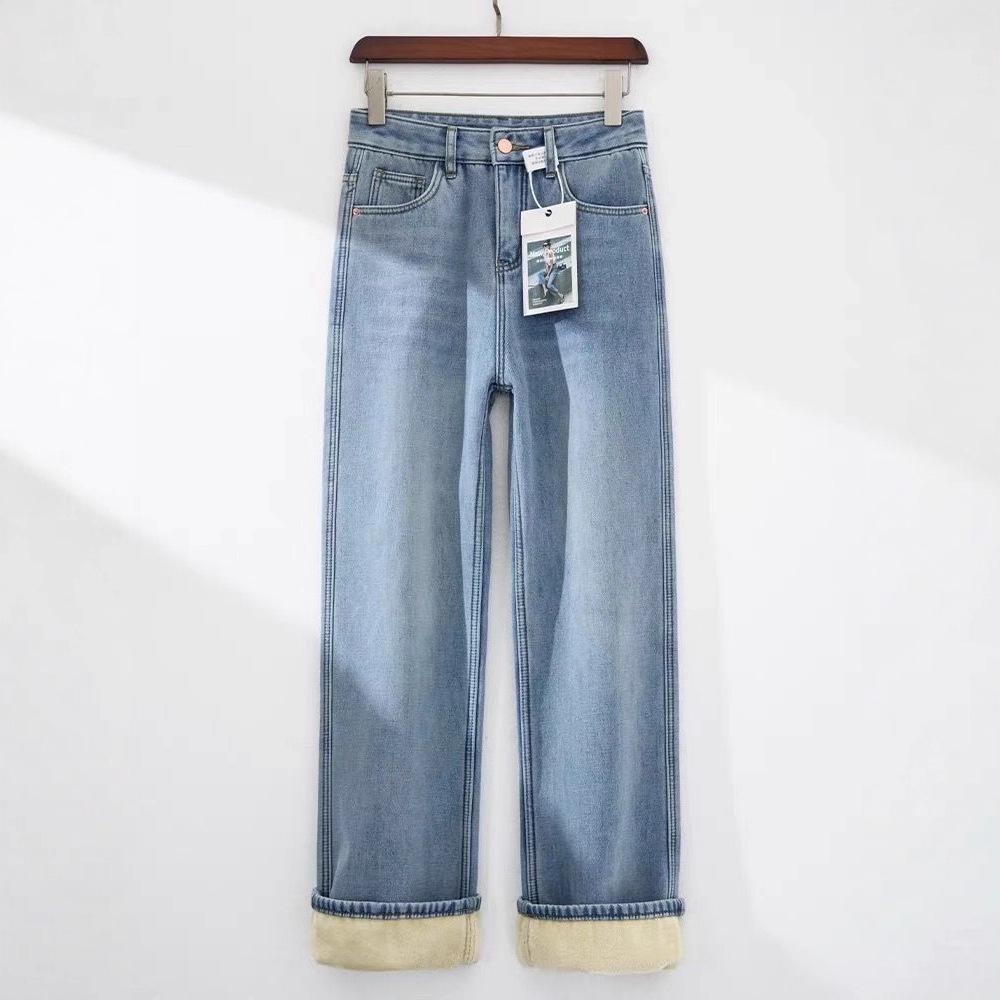 Women's Retro Light Blue Velvet Wide-Leg Jeans: Winter High-Waisted Straight-Leg Pants