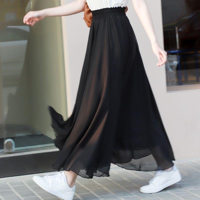 Black Chiffon Midi Skirt Long Summer Candy Color Flowy Elegant Women Skirt