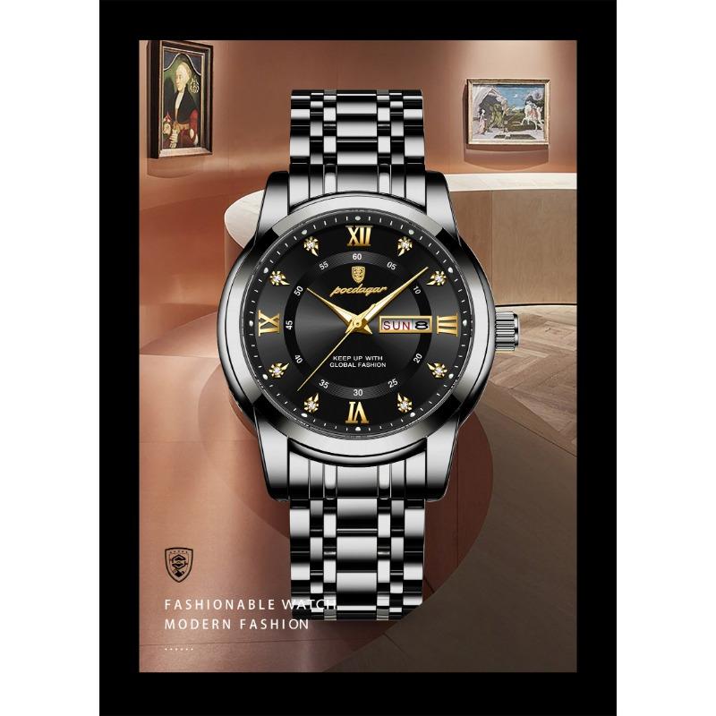POEDAGAR Sport Casual Man Wristwatch Waterproof Stainless Steel Luminous Original Watch Date Week Quartz Watches Reloj