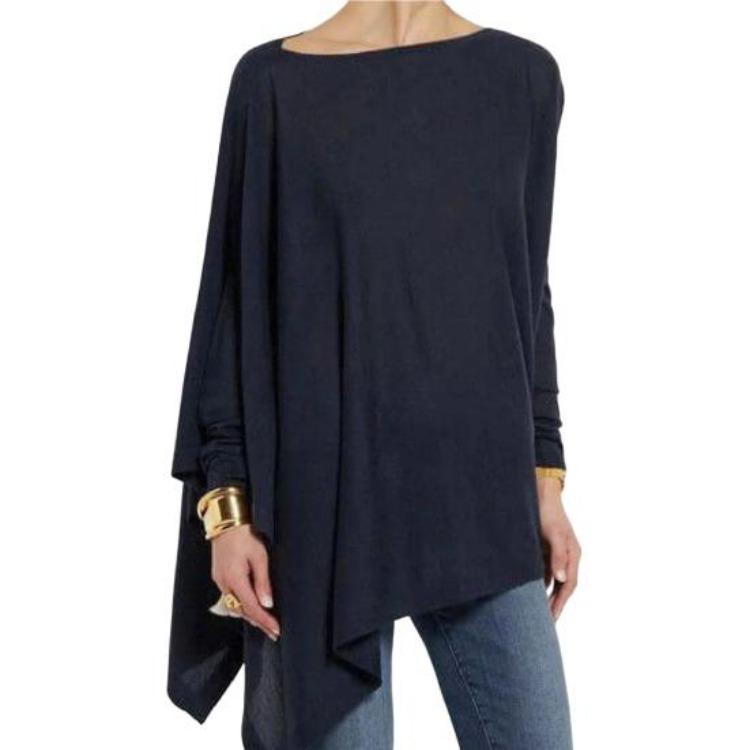

Streetwear Women Casual Pullover Top O Neck Long Sleeves Solid Color Mid Length Irregular Hem Autumn Tshirt 5XL темно-синього кольору