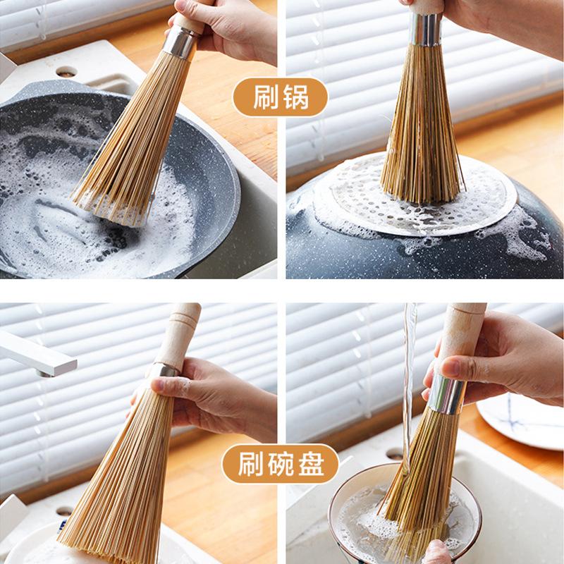 Natural Bamboo Brush Pot Brush Pot Brush Bamboo Long Handle Pot Brush Kitchen Brush Pot Brush Bowl Household Cleaning Brush Bamboo Broom