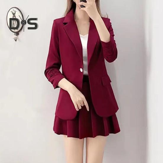 2 Pièces/ensemble Manteau Jupe Ensemble Femmes Printemps Automne Revers Manches Longues Bouton Unique Costume Manteau Plissé Mini Jupe Ensemble Couleur Unie Ensemble