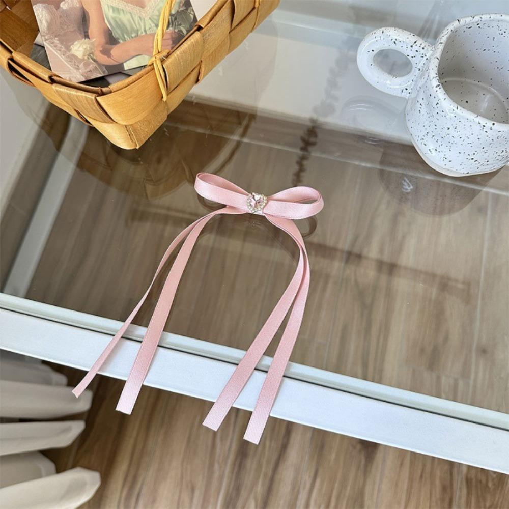 

Double Ribbon Ribbon Bow Hair Clips Crystal Balletcore Headwear Heart Rhinestone Barrettes Girls розовый