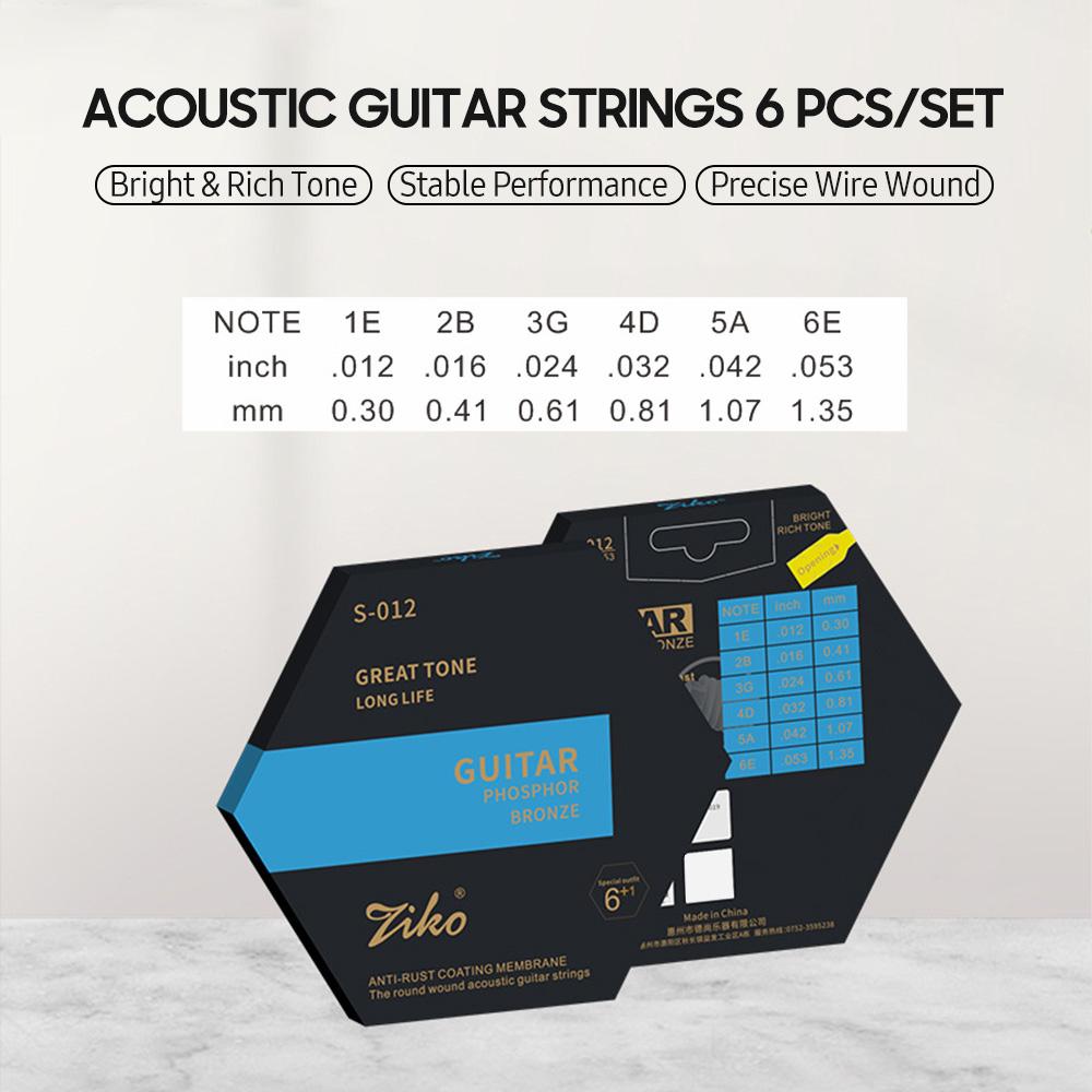 ZIKO S-012 Acoustic Guitar Strings 6 String Set (.012-.053) Hexangular Steel Core and Phosphor