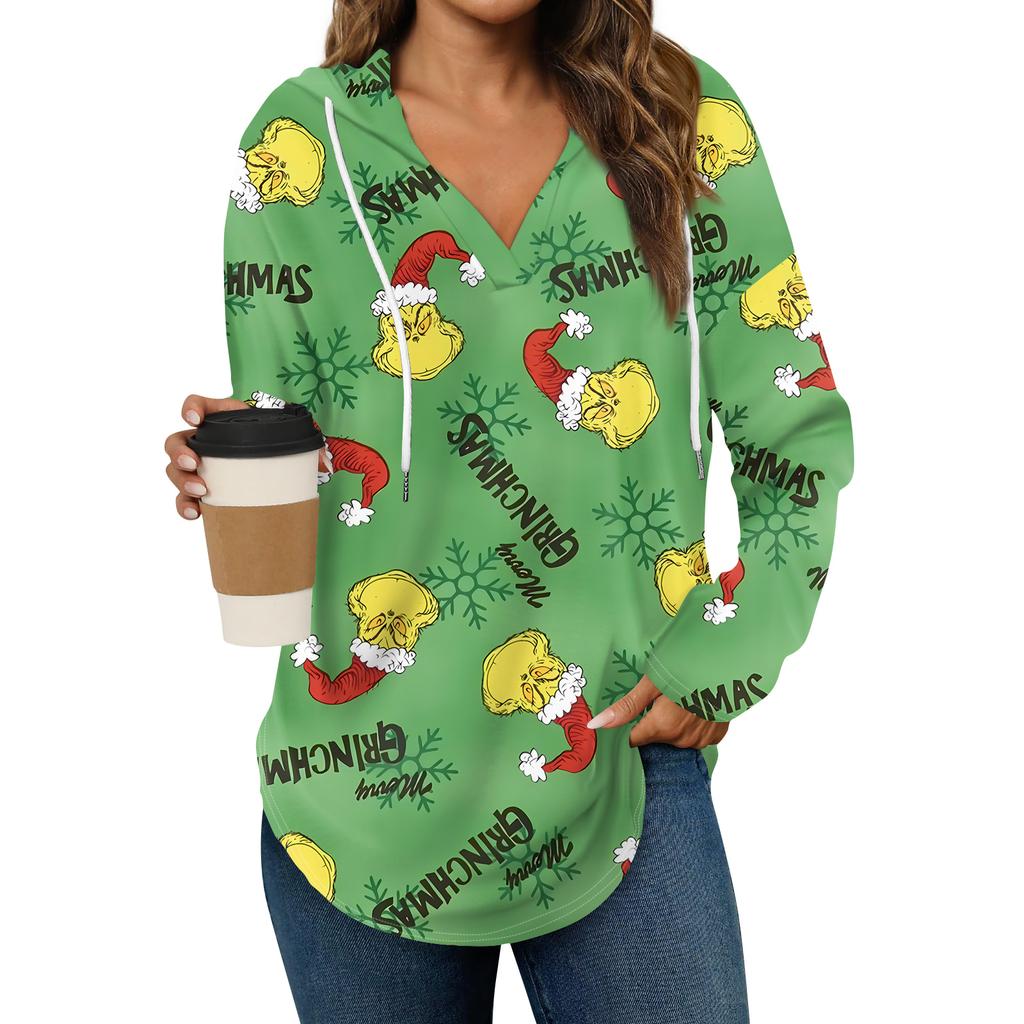 Women's Fashion Hoodies V Neck Long Sleeve Christmas Printed Drawstring Casual Loose Pullover Tops