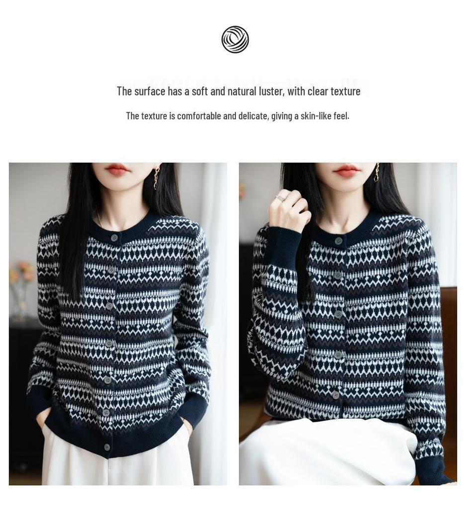 2025 Women's Retro Fair Isle Jacquard Knit Wool Cardigan with Round Neck - New Christmas Design