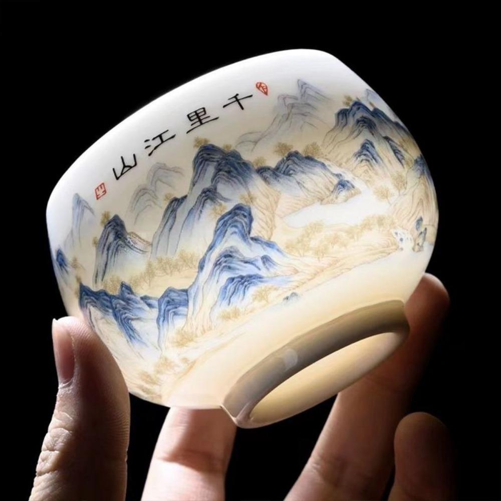 Tradition Landscape Painting Ceramic Teacup 180ml Exquisite Tea Cup Vintage White Porcelain Master Cup Zen Meditation