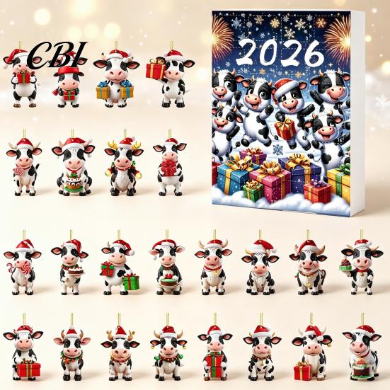 Portable Hanging Decorations for Home Car Christmas Cow Ornament Advent Calendar 2026, 24 Days 2D Acrylic Pendant Cute Shaped Tree Ornaments Countdown