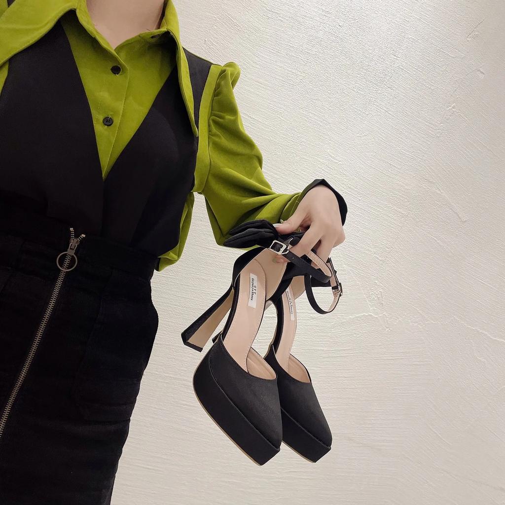 High Heels Women 2025 Summer New Fashion Satin Face High Heel Sandals Bow One Word Buckle Pointed Toe Thick Heel Women's Shoes