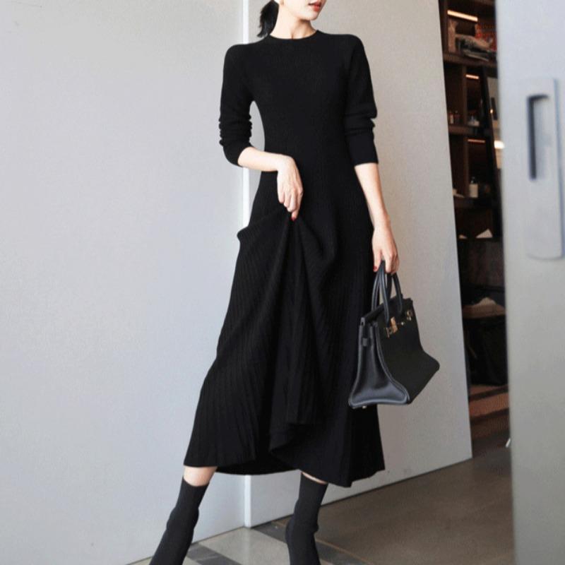 

Женская мода осень-зима сплошной цвет печати с длинным рукавом и круглым вырезом с высокой талией повседневные платья XL чёрный