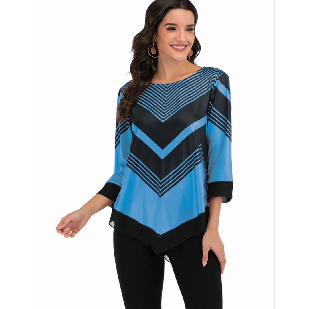 

Осенняя уличная модная женская рубашка с круглым вырезом и нерегулярным подолом M синий