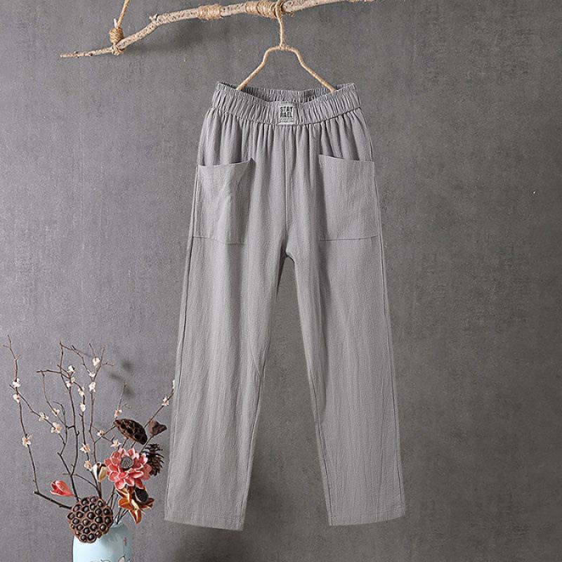 Cotton Linen Loose Straight Harem Pants with Elastic Waistband