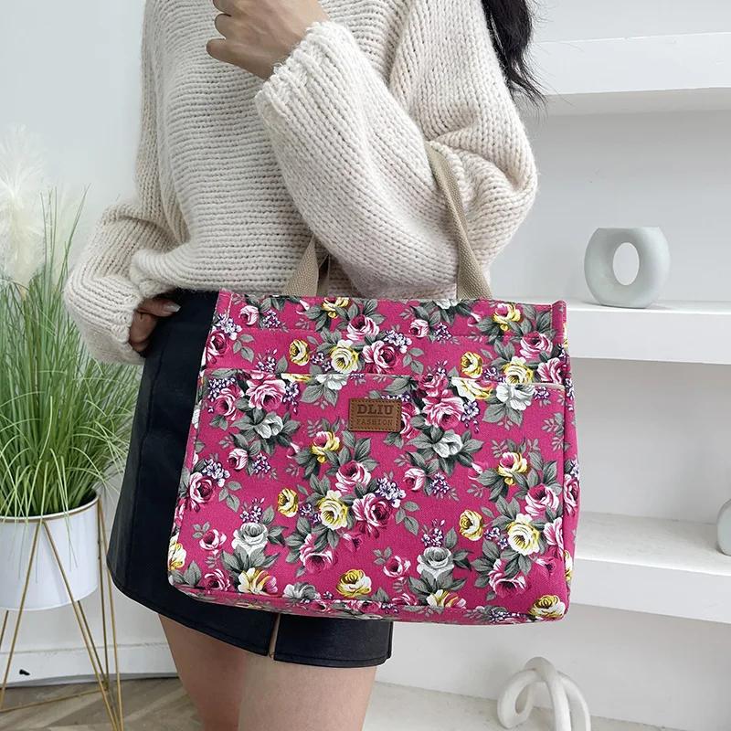Bolso de mano con estampado Floral para mujer, bolsa de almuerzo de lona portátil, bolso informal, bolso de hombro para mamá Bento para viaje de Picnic