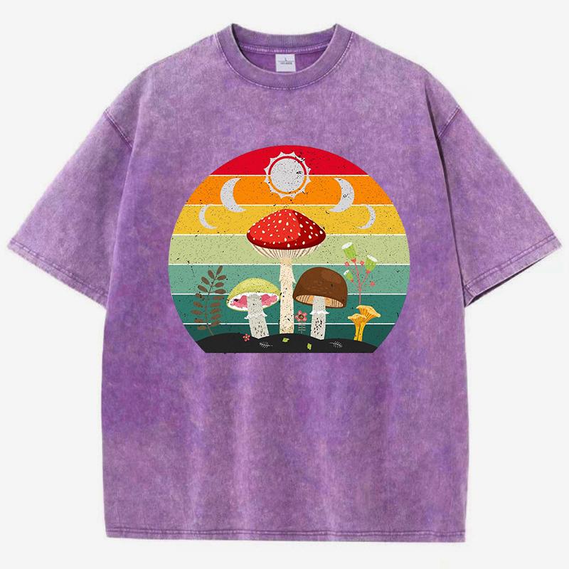 Cottagecore Aesthetic Mushroom Moon Design Washed T-Shirt Women Cotton Vintage Clothes Casual Sportswear Summer T Shirt