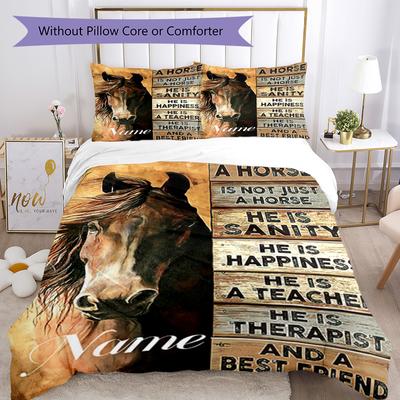 Love Horses Customize Your Name Bedding Set Breathable Duvet Cover With Pillowcases Decorative Bed Linen For Bedroom Home Decoration Birthday Gift