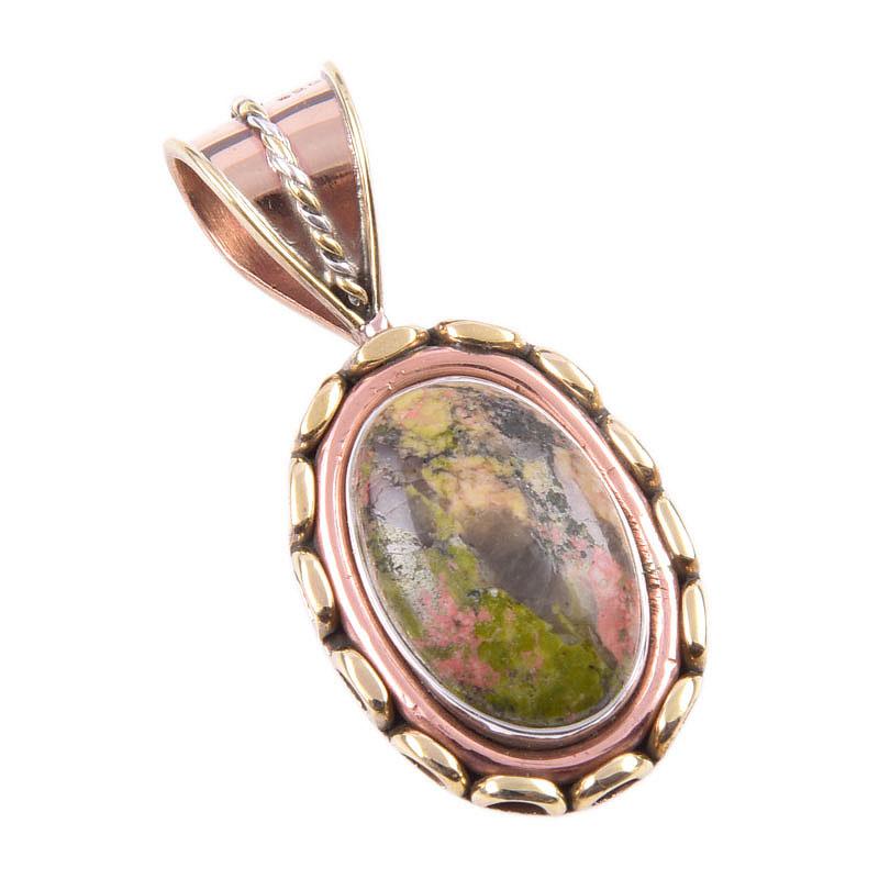 Natural Unakite Gemstone 925 Solid Sterling Silver Two Tone Pendant 1.50'' H3Q43