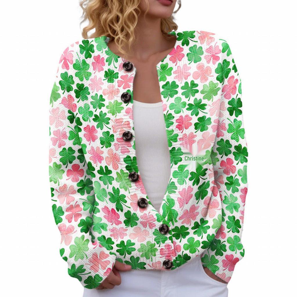 Saint Patrick Round Neck Knit Cardigan - Casual European and American Style Sweater