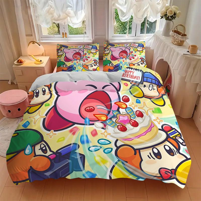3-teiliges Bettwäsche-Set Kirby Party Enthält 1 Bettdecke + 2 Kissenbezüge, Ohne Kissenfüllungen, Weich Bequem, Leicht Atmungsaktiv, Bedruckt