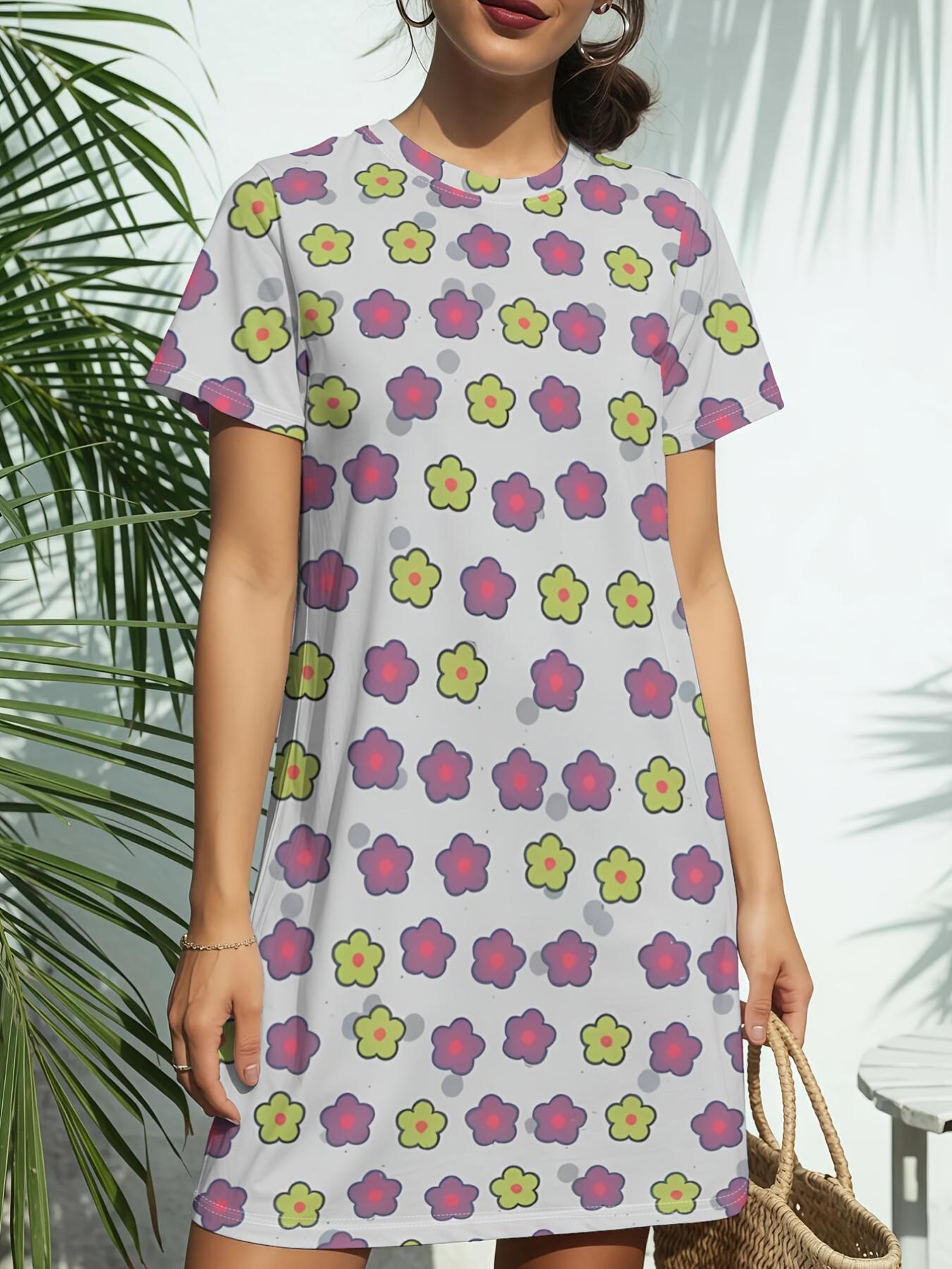 

The New Women S Purple Dots Round Neck T-Shirt Dress Features Short Sleeves And Embodies American Fashion Trends with Digital Prints. Perfect for Casu XS дубильная кора