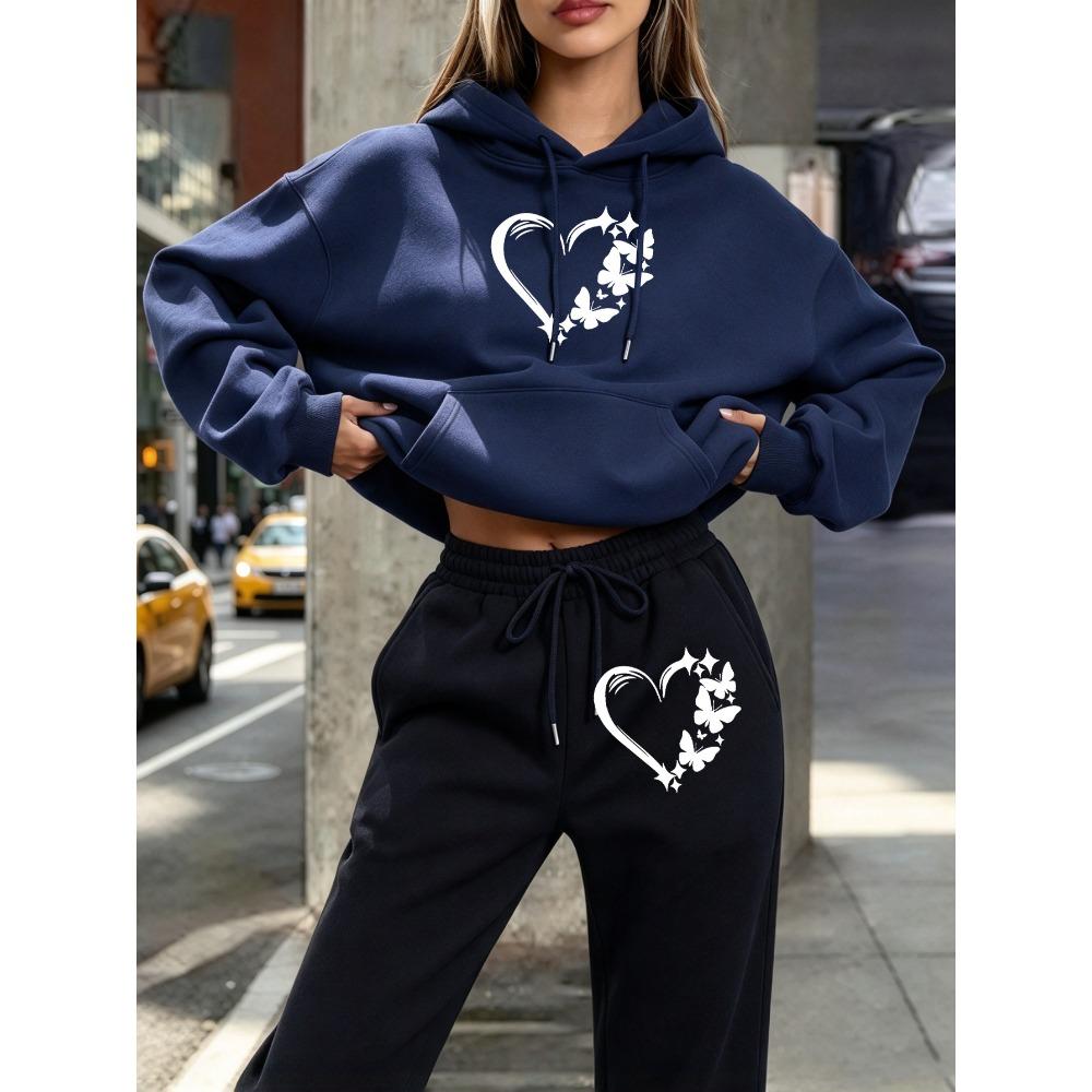 Combination Of Love And Butterfly Printed Y2K Women'S Hoodies Set Drawstring Fleece Hoody Clothing